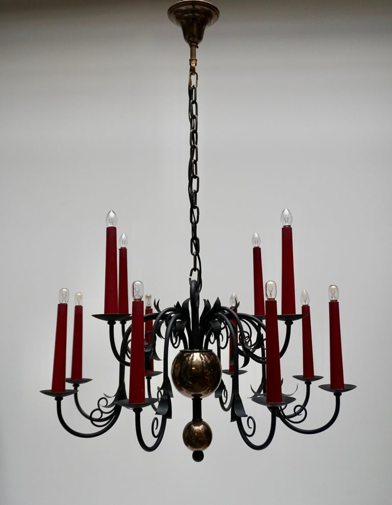 1950s Black Wrought Iron Gothic Chandelier with 12 Red Candlesticks For Sale 3