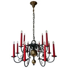 1950s Black Wrought Iron Gothic Chandelier with 12 Red Candlesticks