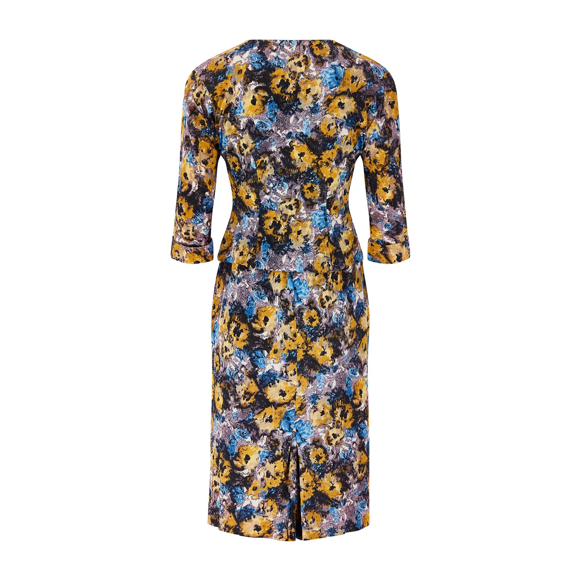 Gray 1950s Black Yellow and Blue Floral Jersey Dress Suit For Sale