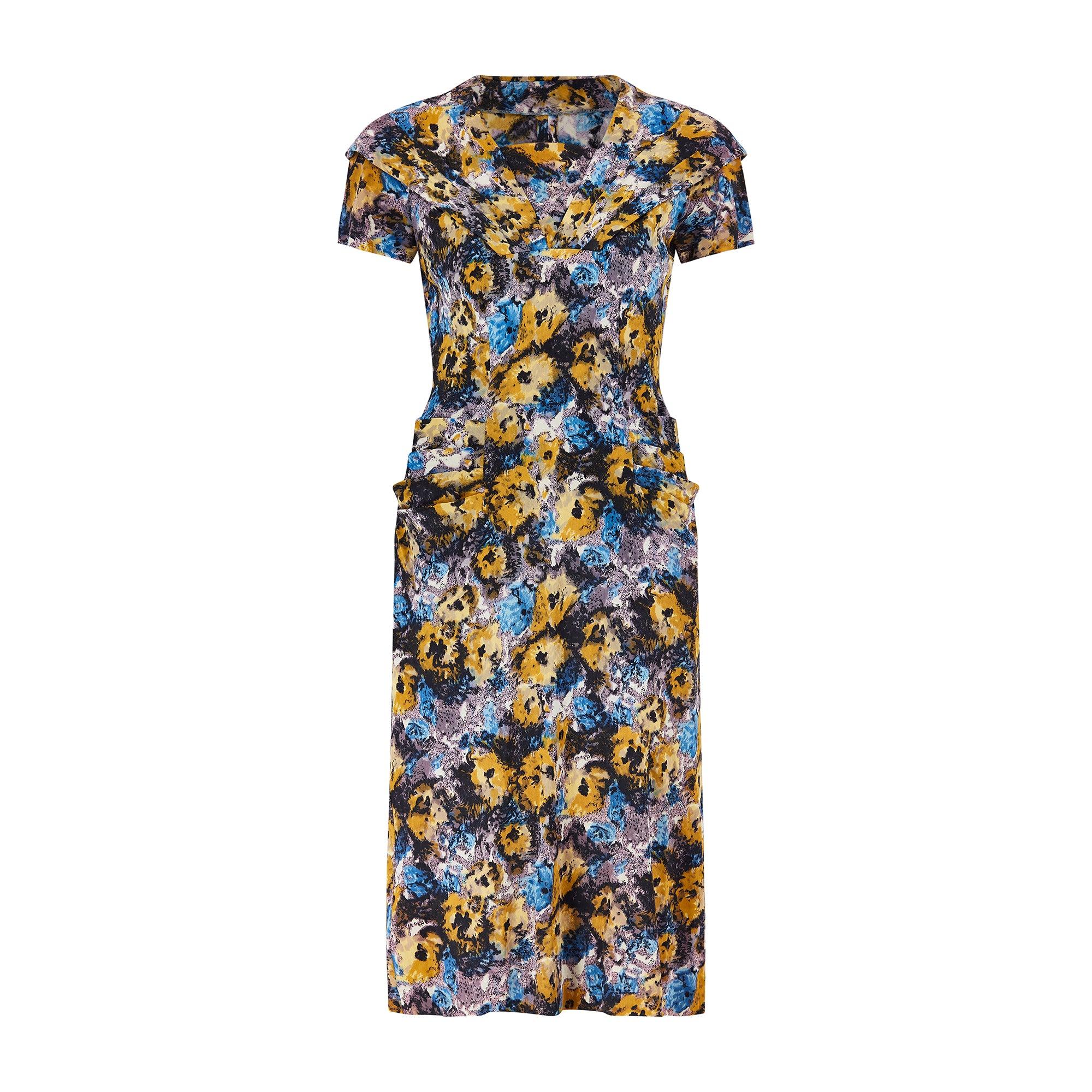 1950s Black Yellow and Blue Floral Jersey Dress Suit In Excellent Condition For Sale In London, GB