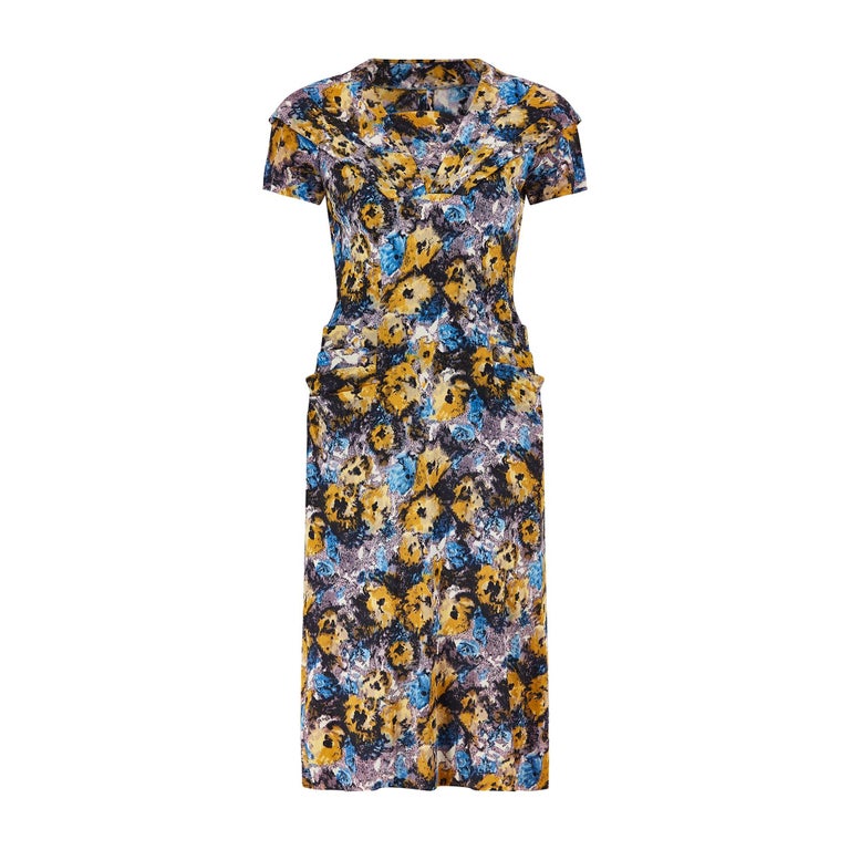 1950s Black Yellow And Blue Floral Jersey Dress Suit 1950s Black Yellow And Blue Floral Jersey Dress Suit