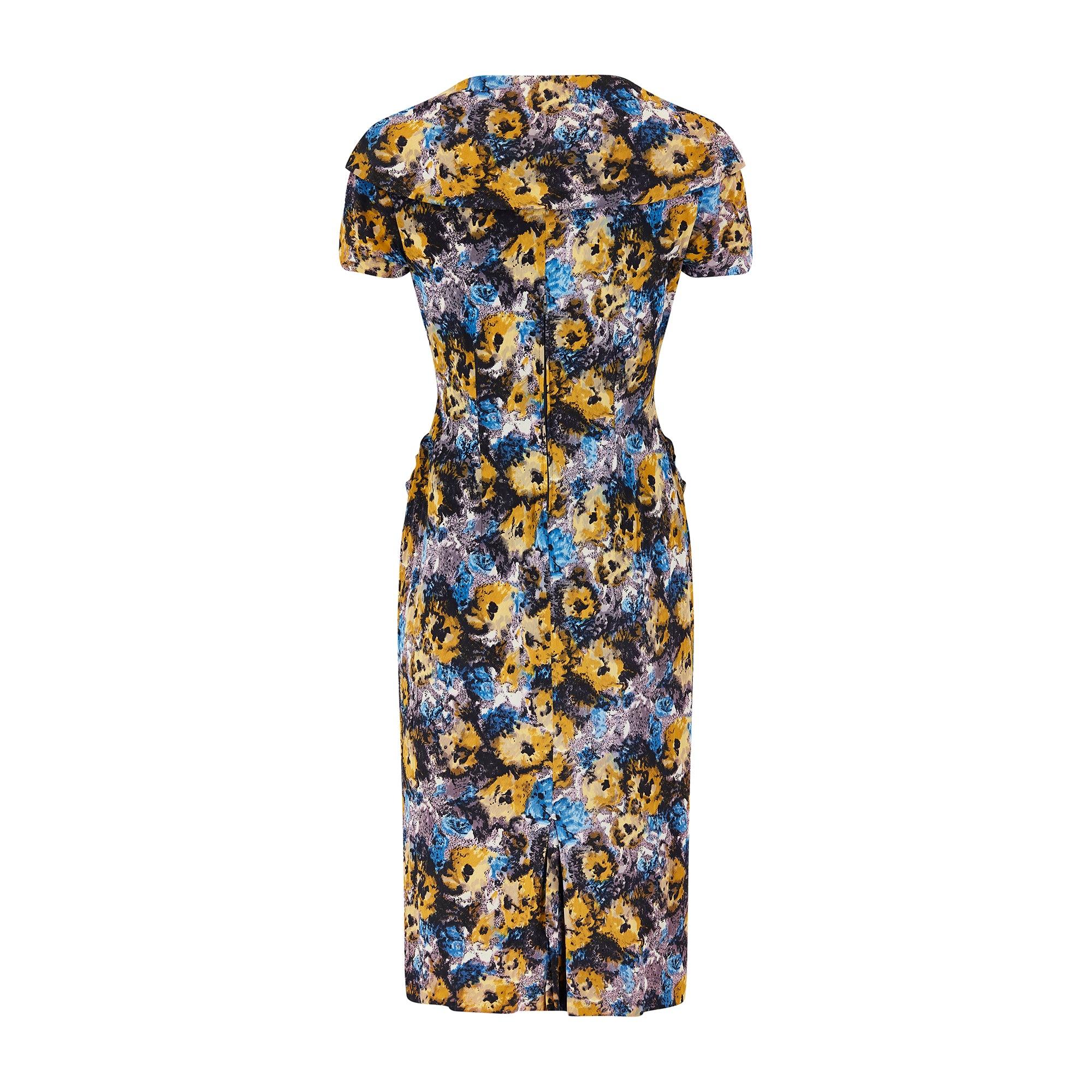 Women's 1950s Black Yellow and Blue Floral Jersey Dress Suit For Sale