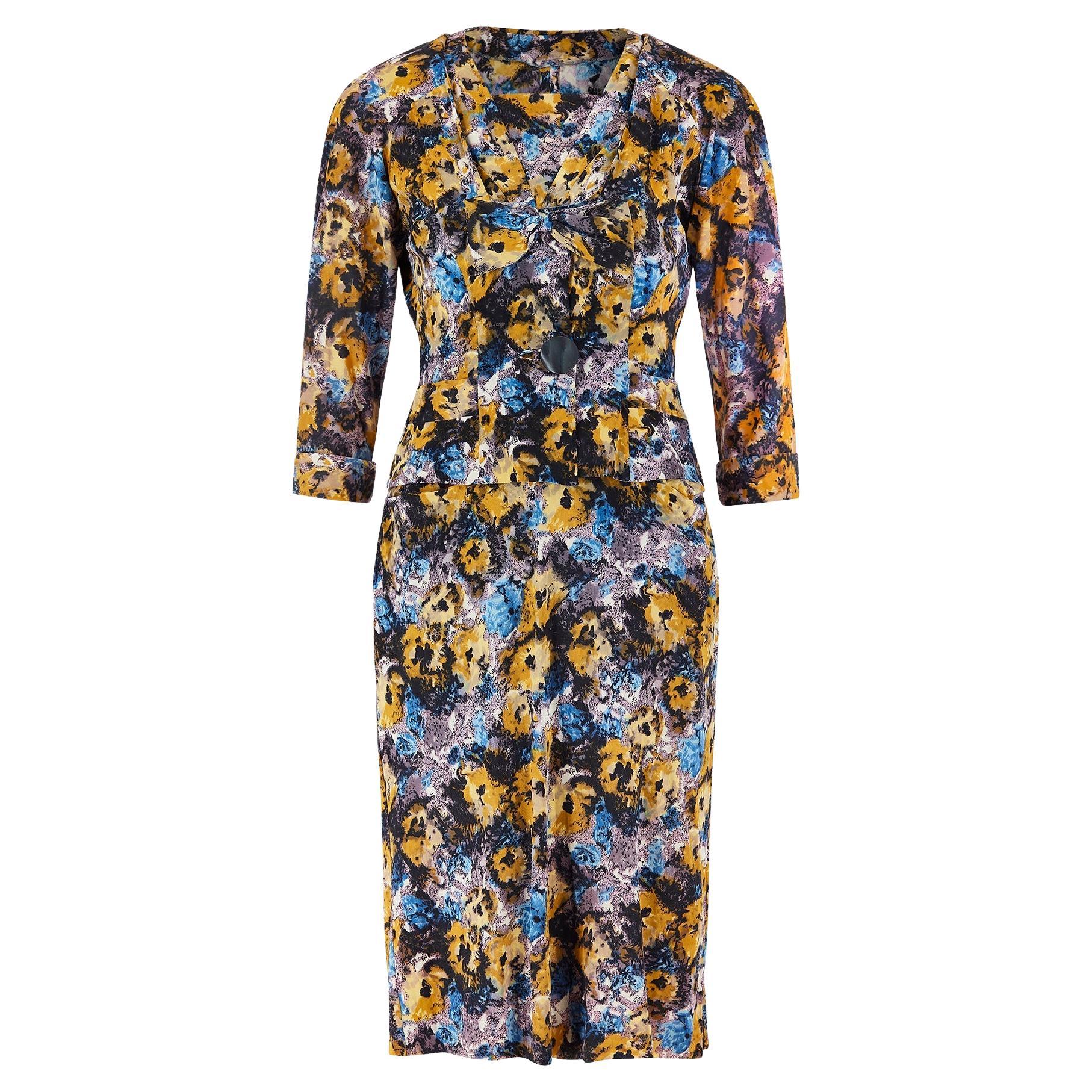 1950s Black Yellow and Blue Floral Jersey Dress Suit For Sale