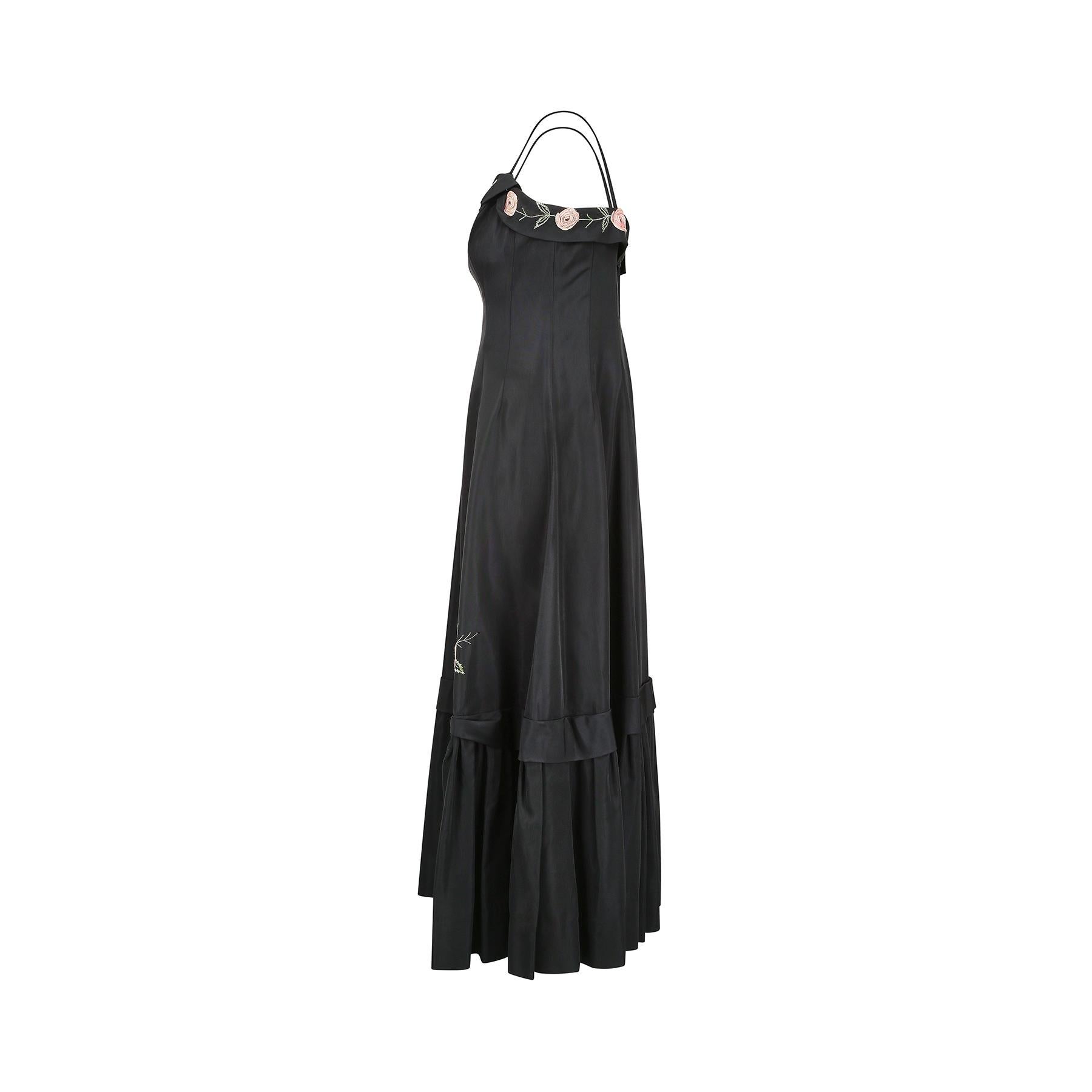 1950s Blanes Black Taffeta Rose Applique Dress In Good Condition For Sale In London, GB