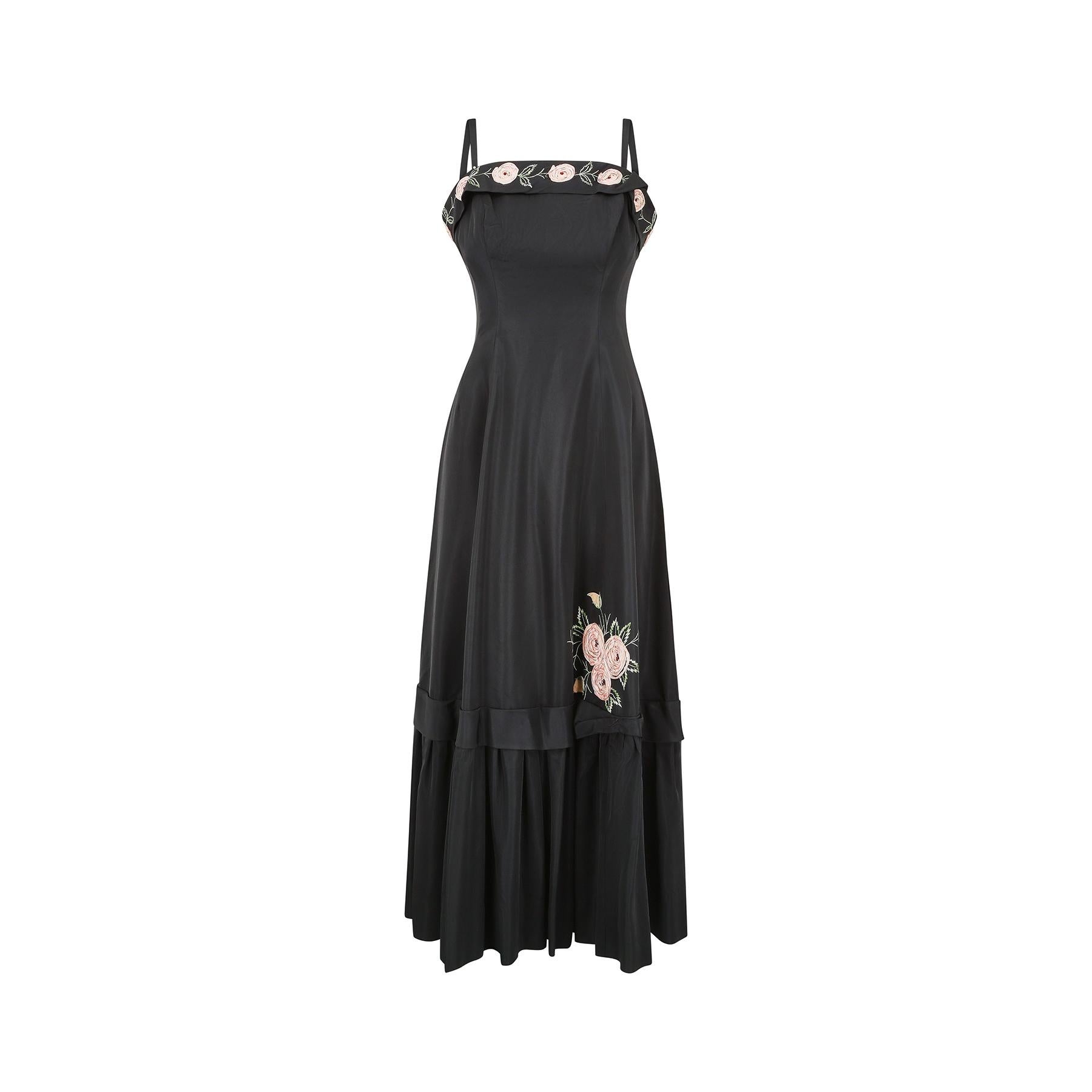1950s Blanes Black Taffeta Rose Applique Dress For Sale 1