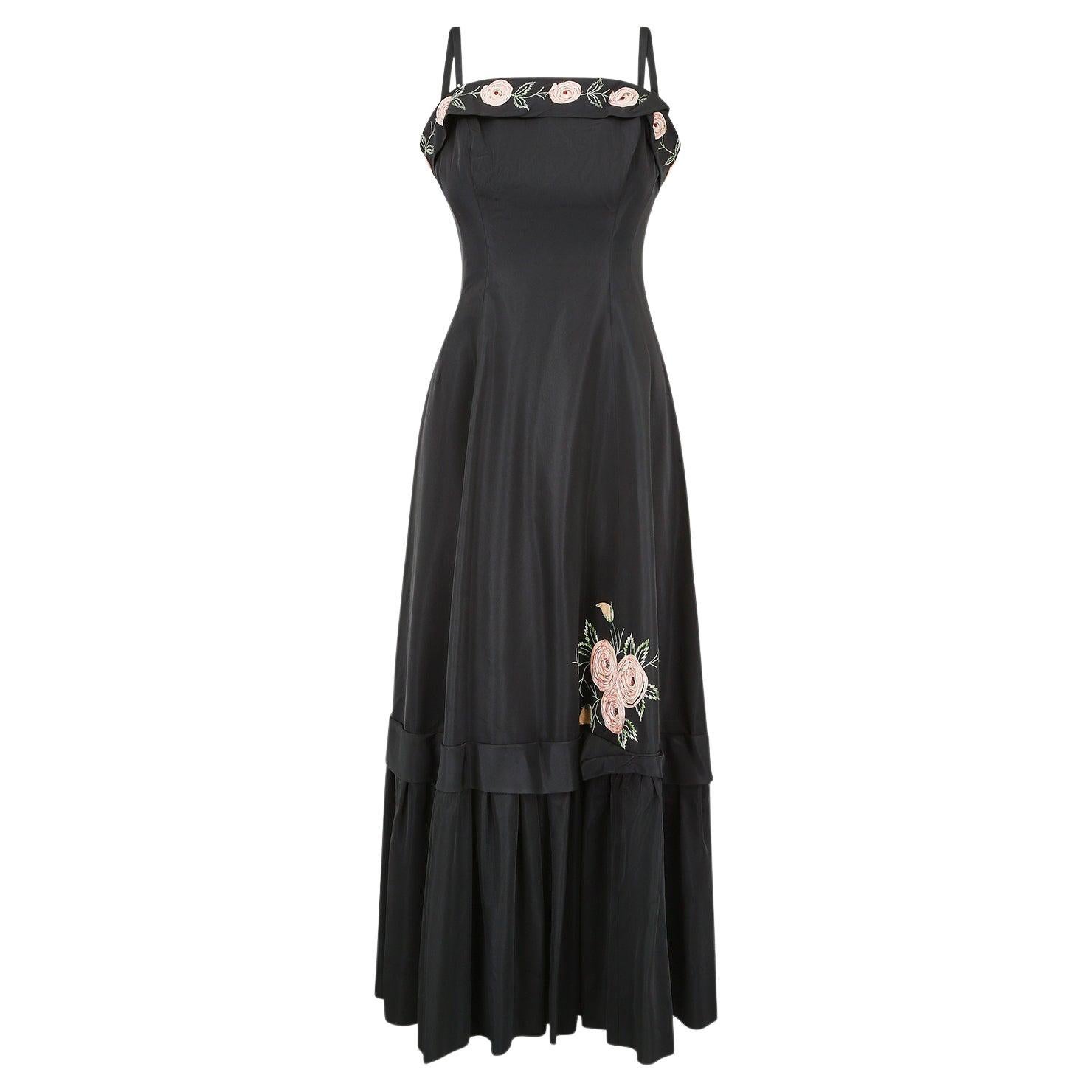1950s Blanes Black Taffeta Rose Applique Dress For Sale