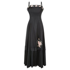 Vintage 1950s Blanes Black Taffeta Rose Applique Dress