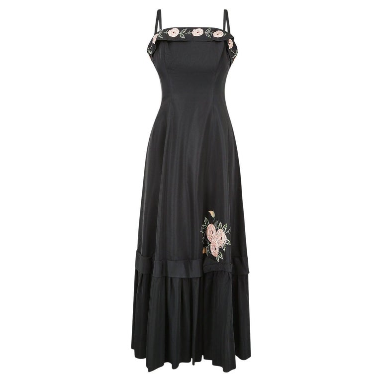 1950s Blanes Black Taffeta Rose Applique Dress For Sale at 1stDibs