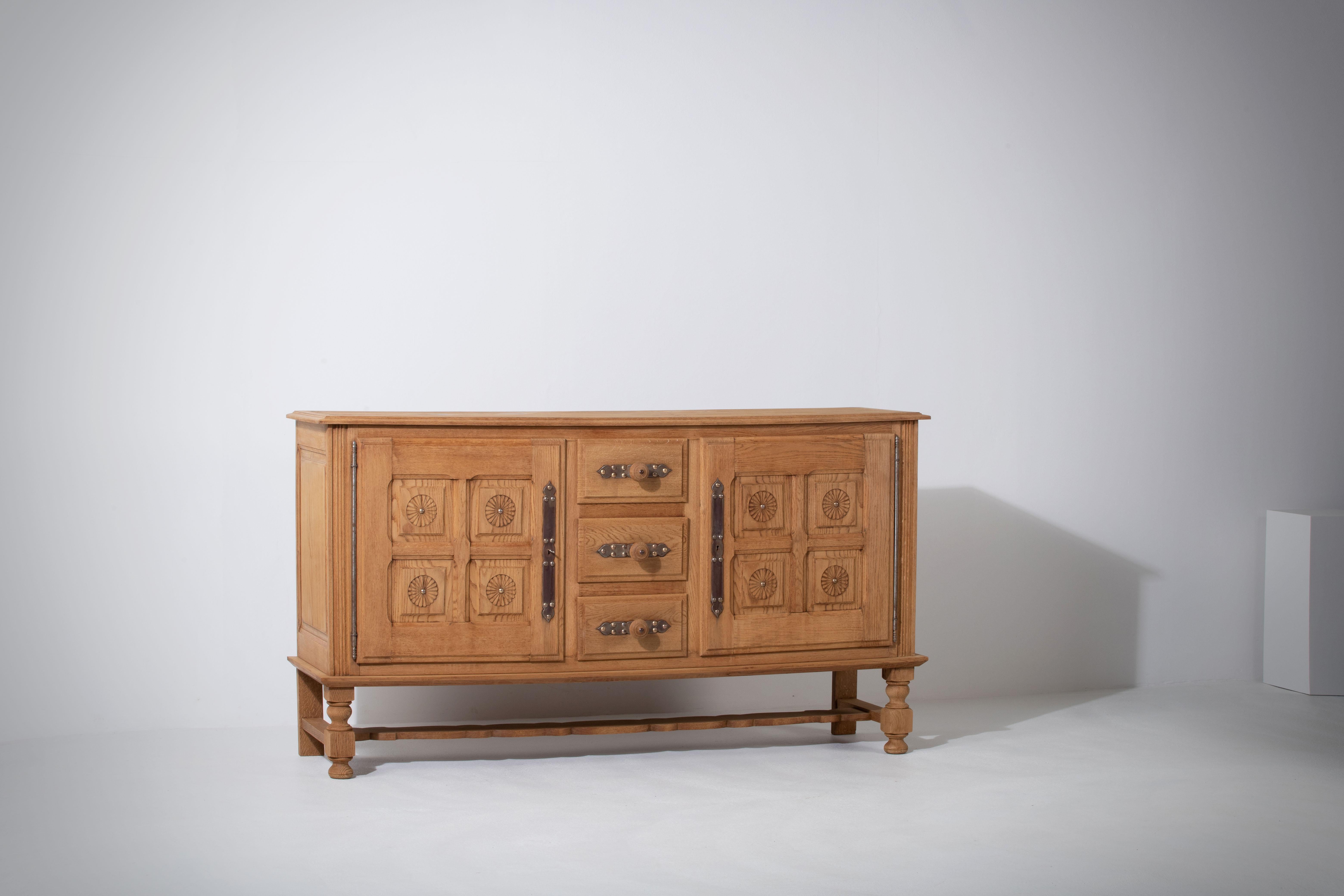 French 1950s Bleached Oak Sideboard with Hand-Carved Daisies For Sale