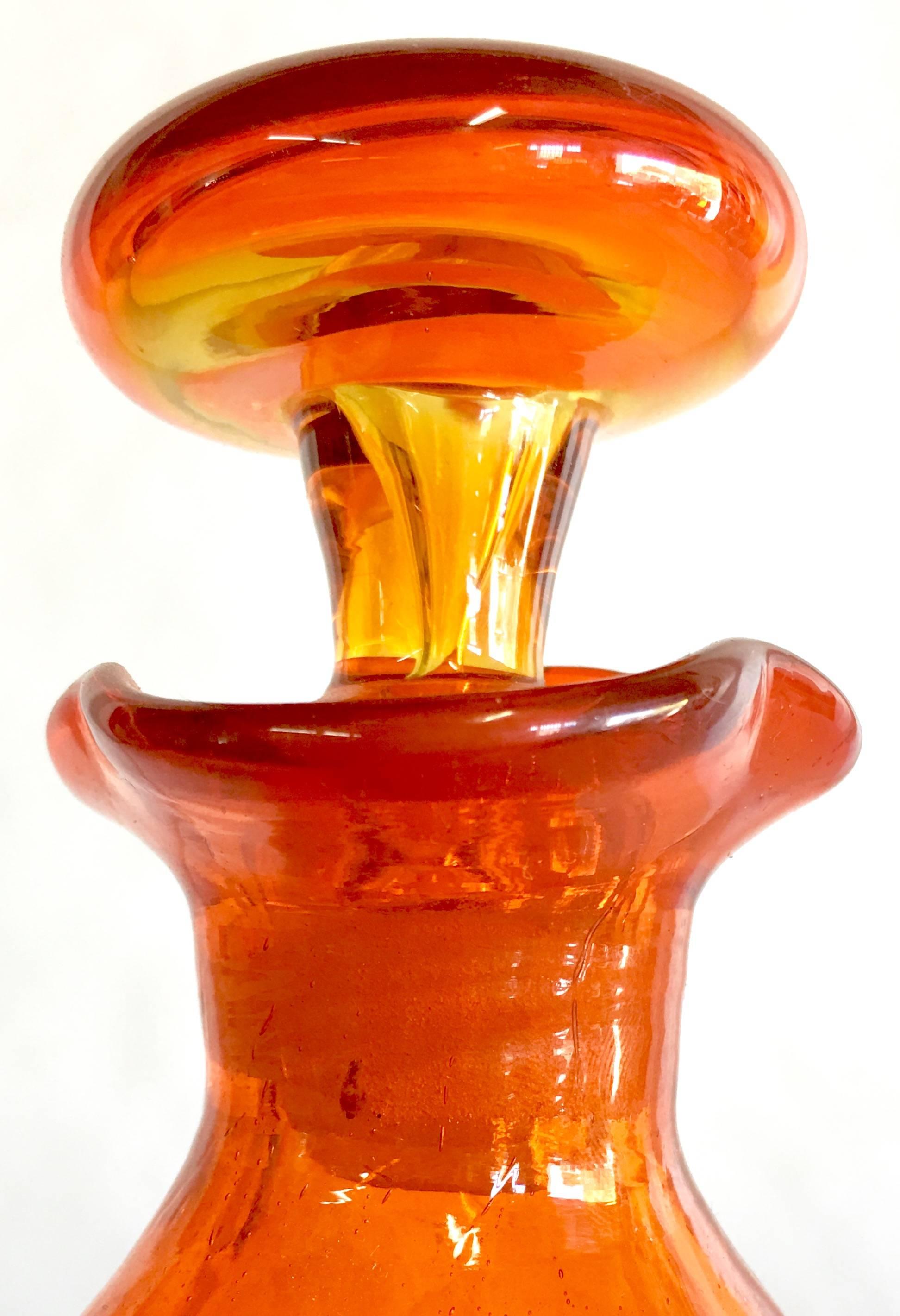Mid-Century Modern 1950'S Blenko Crackle Glass Pinched Amberina Decanter