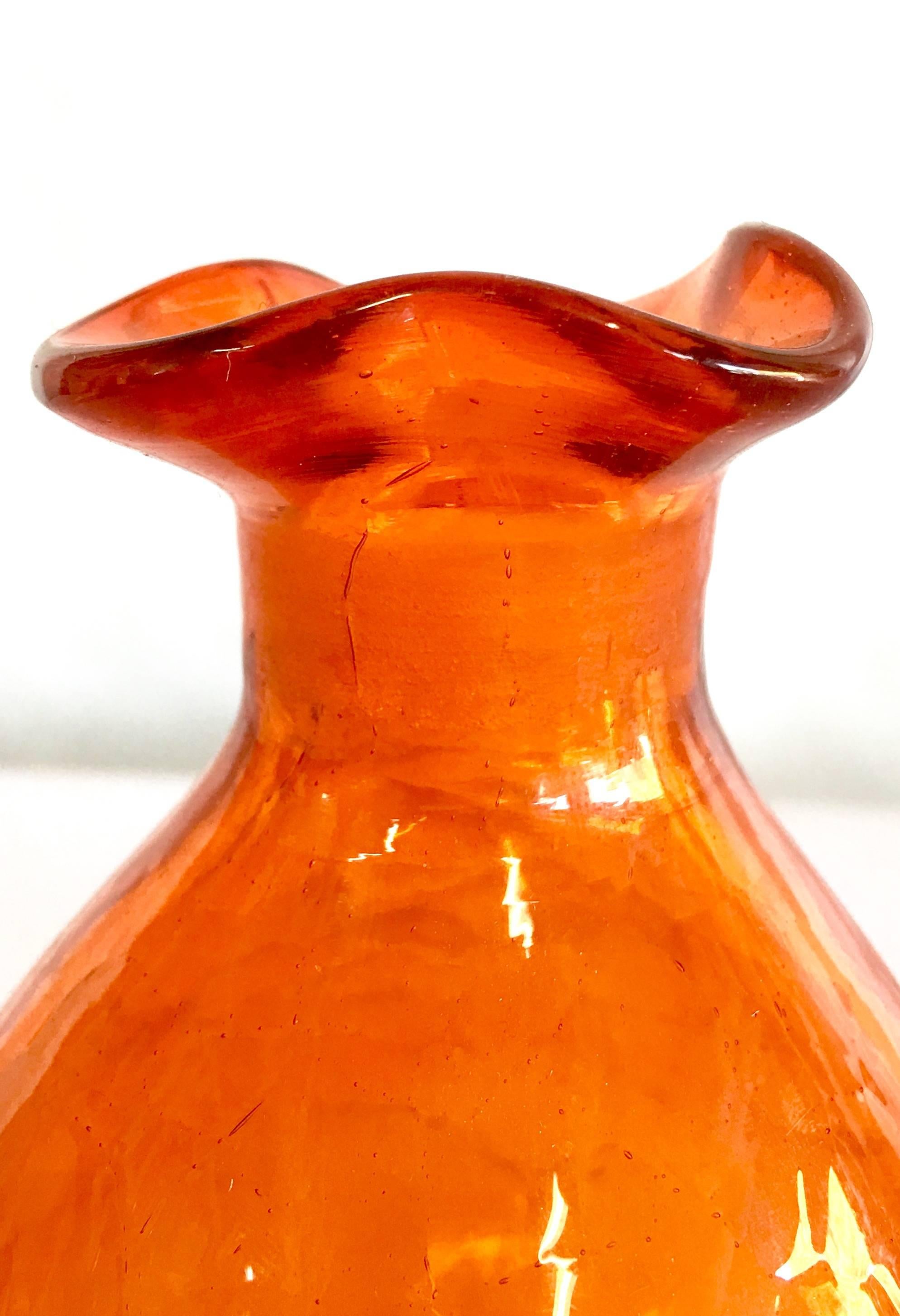 American 1950'S Blenko Crackle Glass Pinched Amberina Decanter