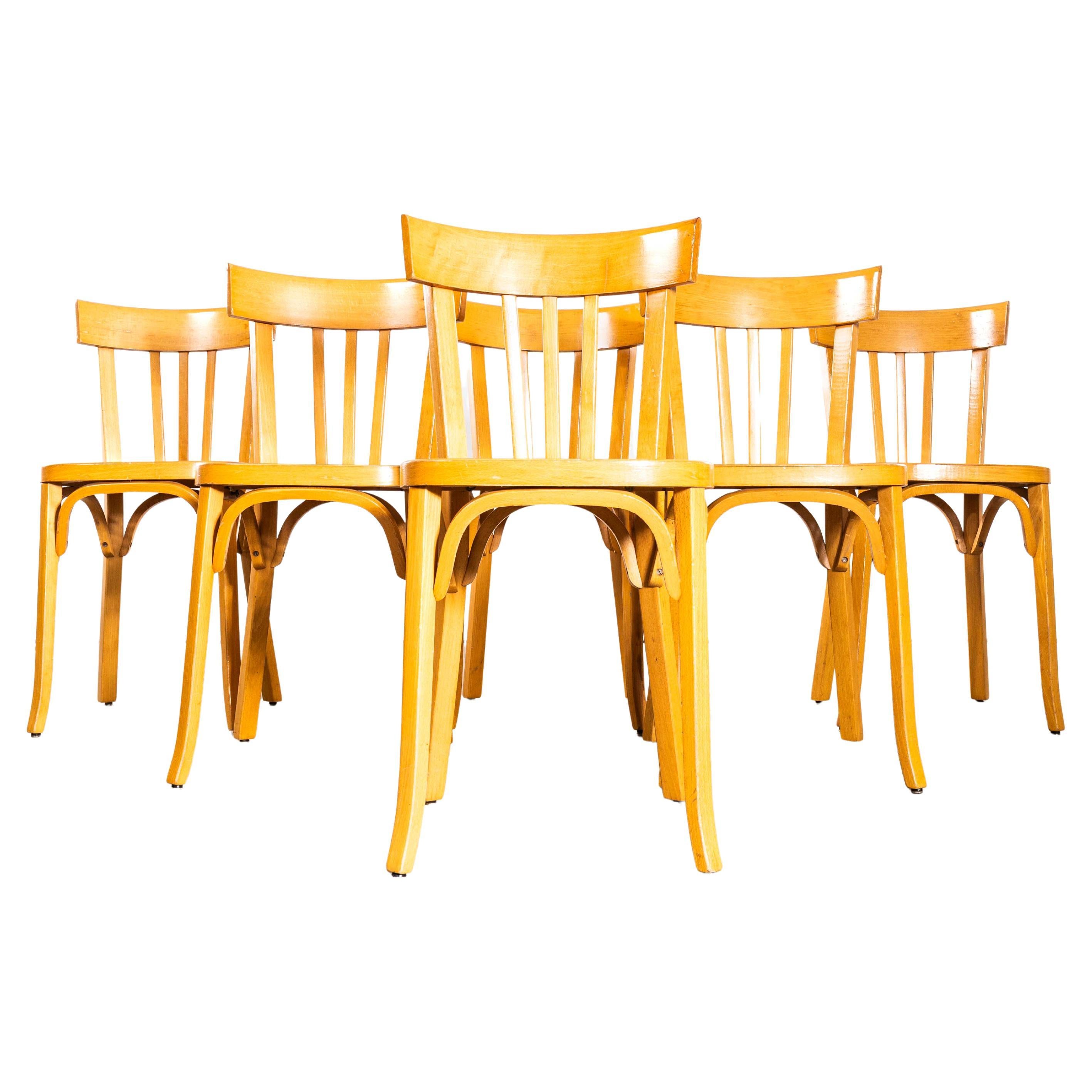 Sedie da pranzo francesi bionde con sedile piatto in legno di bengala degli anni
50 - Set di sei sedie
