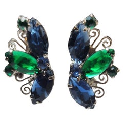 1950s Blue and Green Rhinestone Clip-On Earrings with Filigree Silver Tone