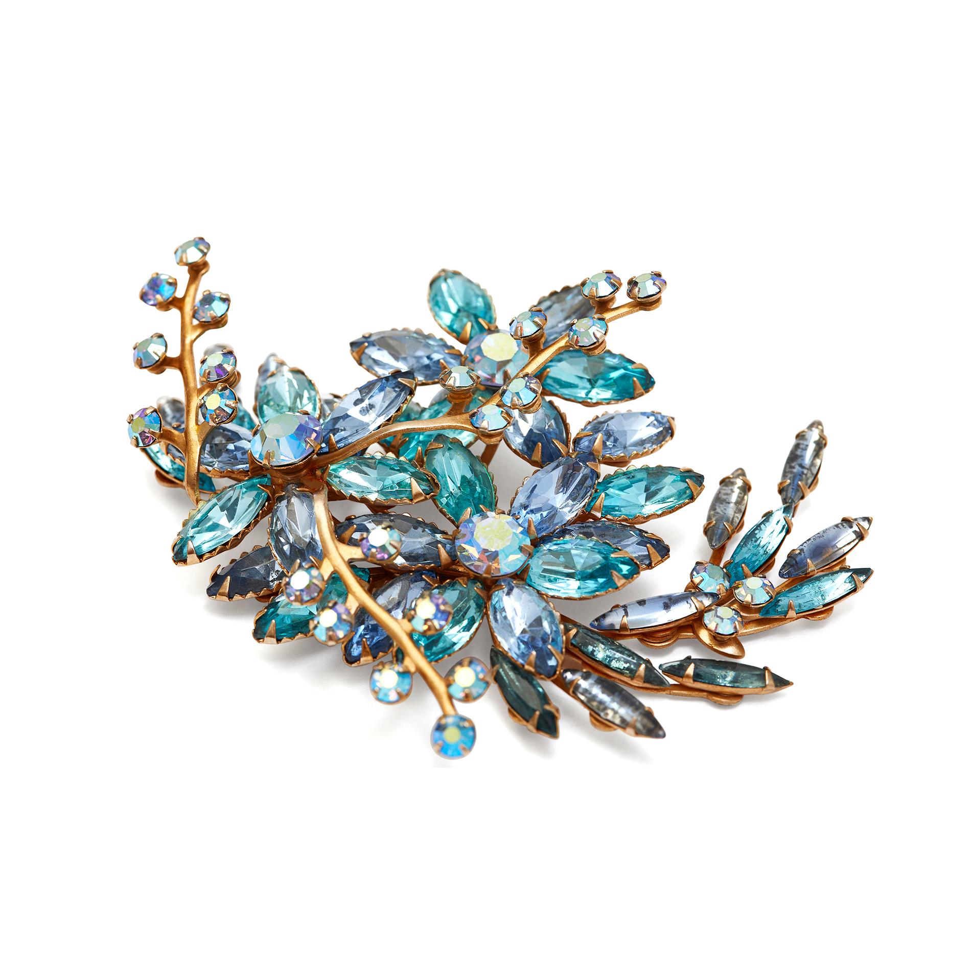 Women's 1950s Blue and Turquoise Large Floral Spray Brooch For Sale
