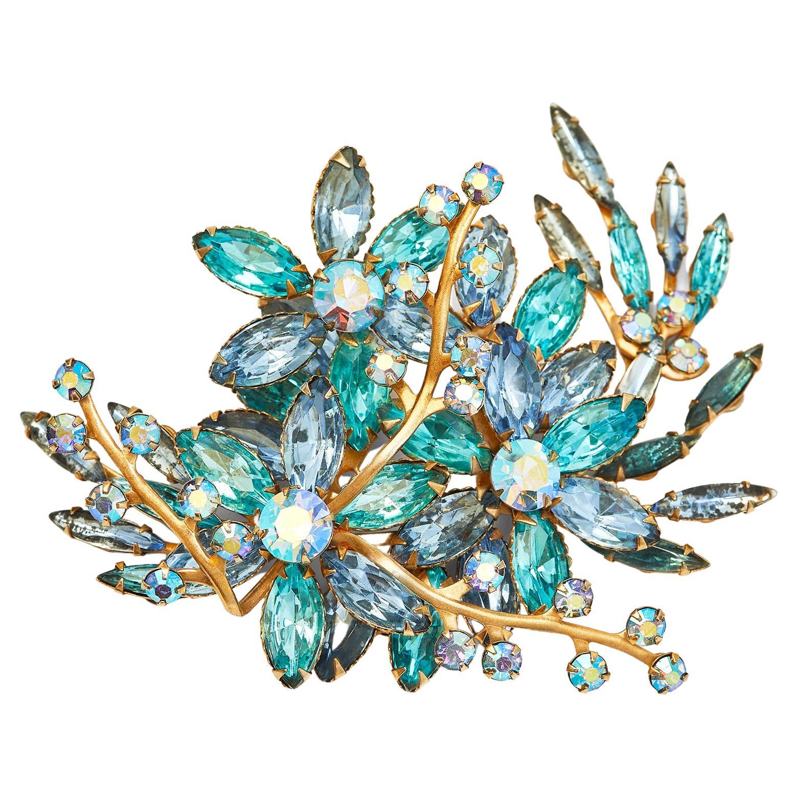 1950s Blue and Turquoise Large Floral Spray Brooch For Sale