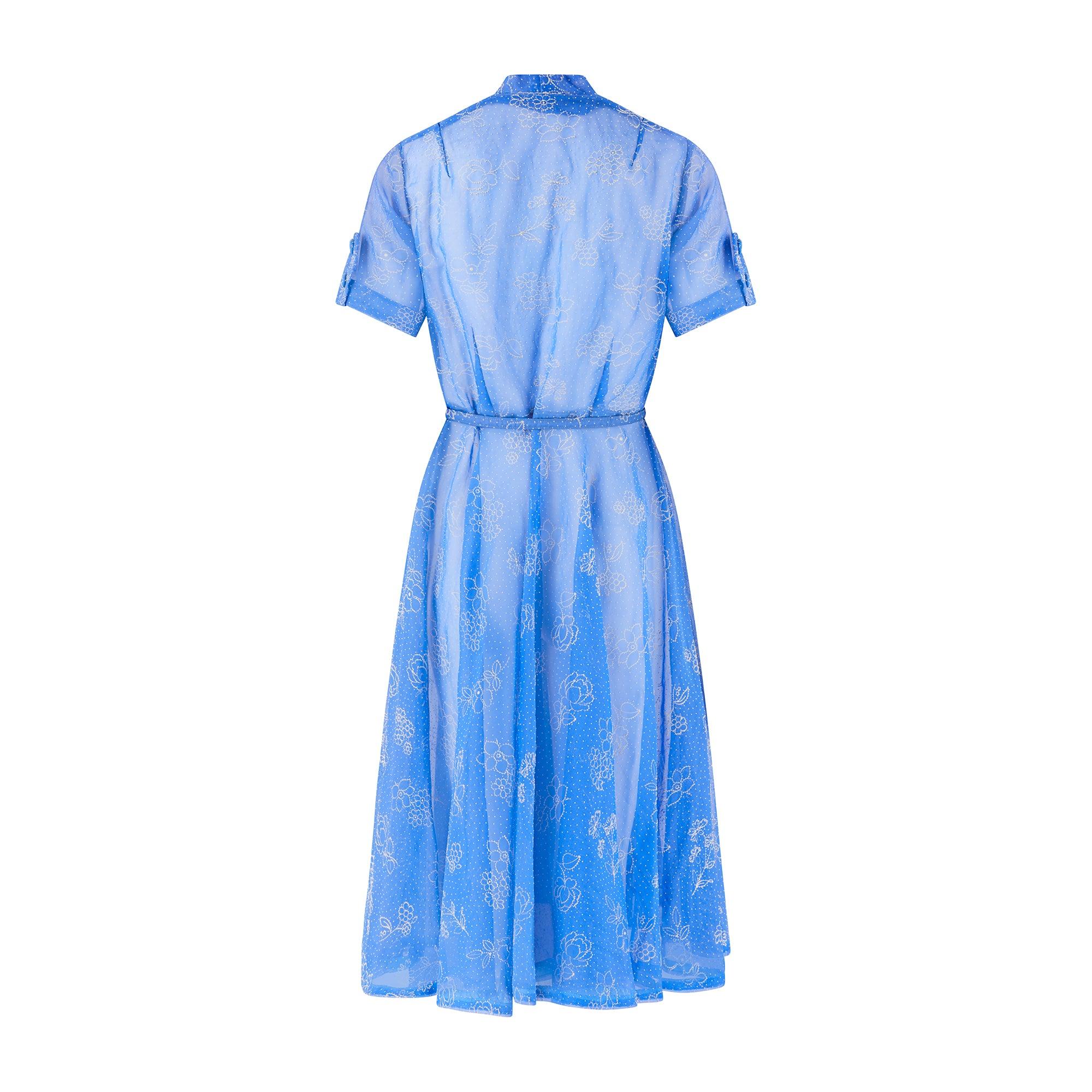 Bleu Robe à imprimé floral floqué bleu et blanc des années 1950 en vente