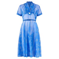 1950s Blue and White Flocked Floral Print Dress