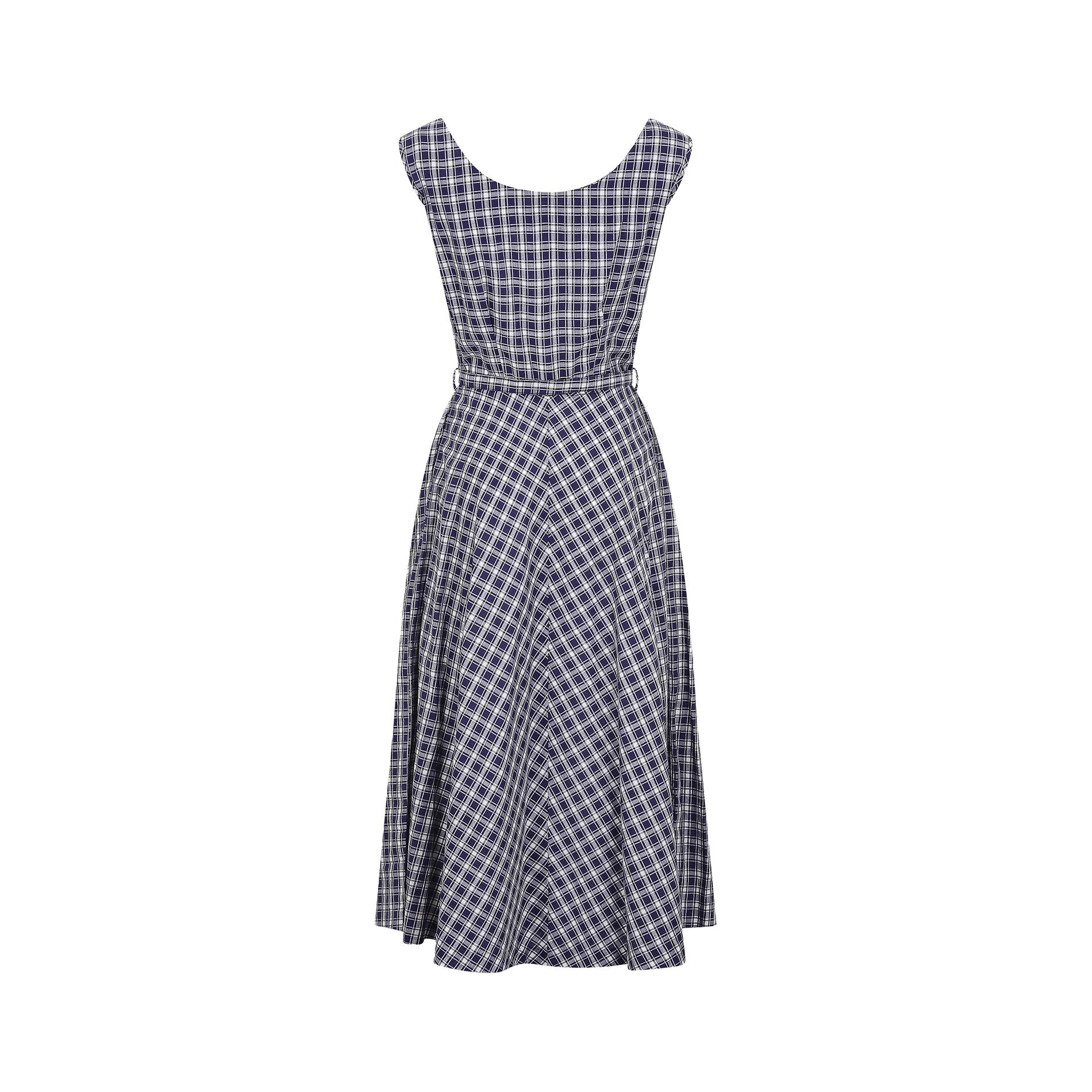 Gray 1950s Blue and White Gingham Dress For Sale
