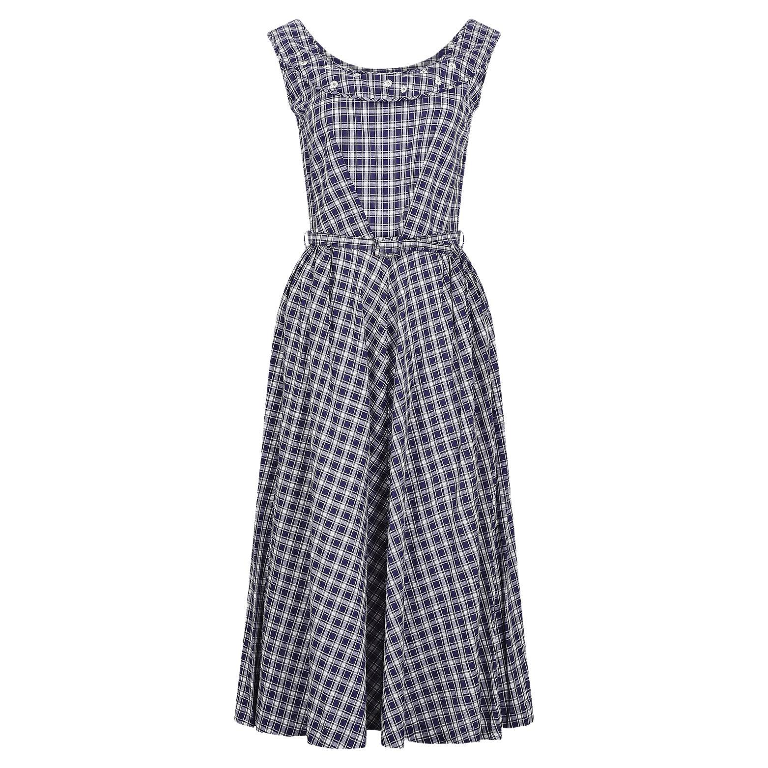 Blaues und weißes Gingham-Kleid aus den 1950er Jahren im Angebot