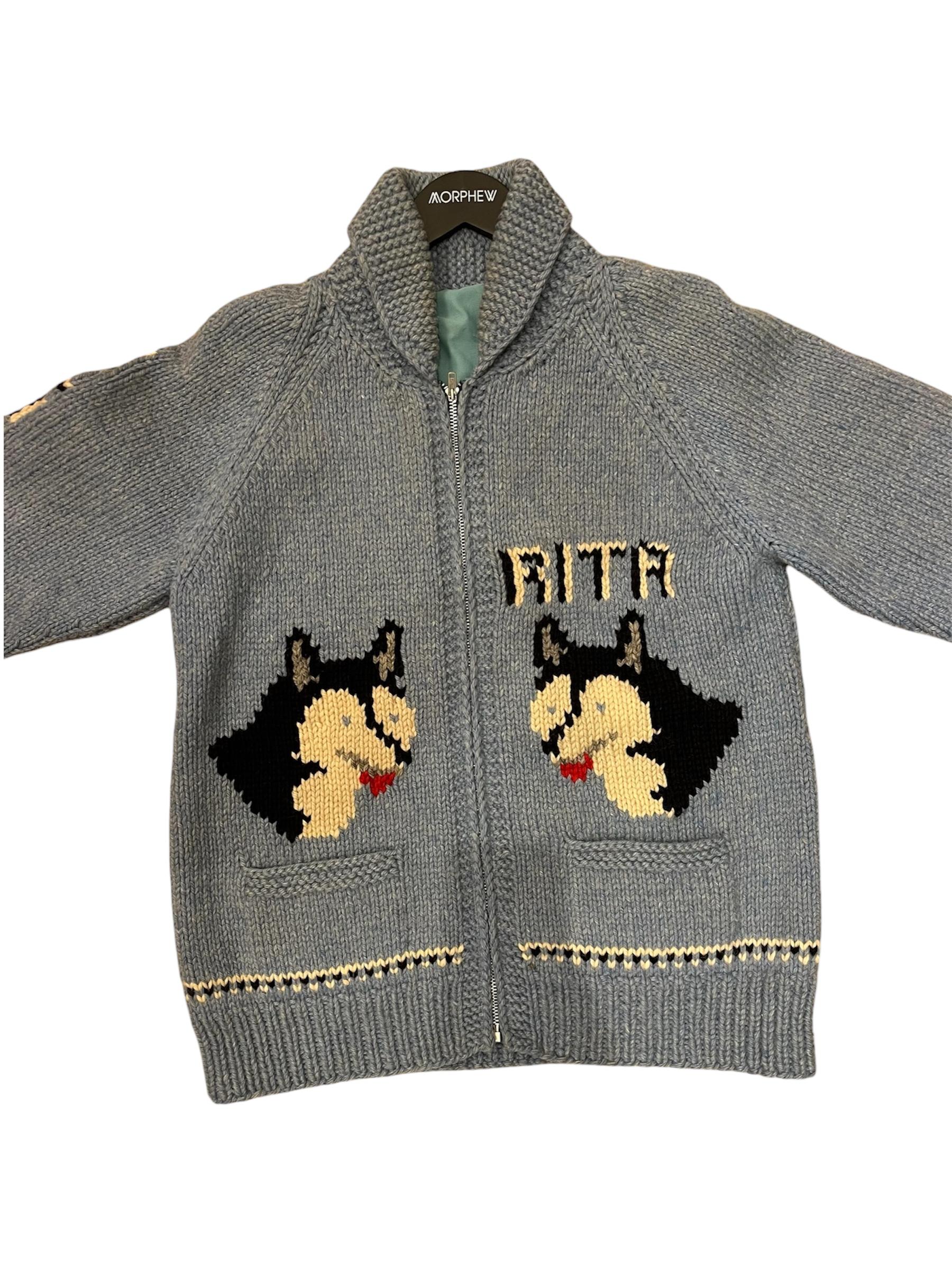 Gray 1950s Blue & Black Knit Wool Dog Sledding Sweater As-Is For Sale