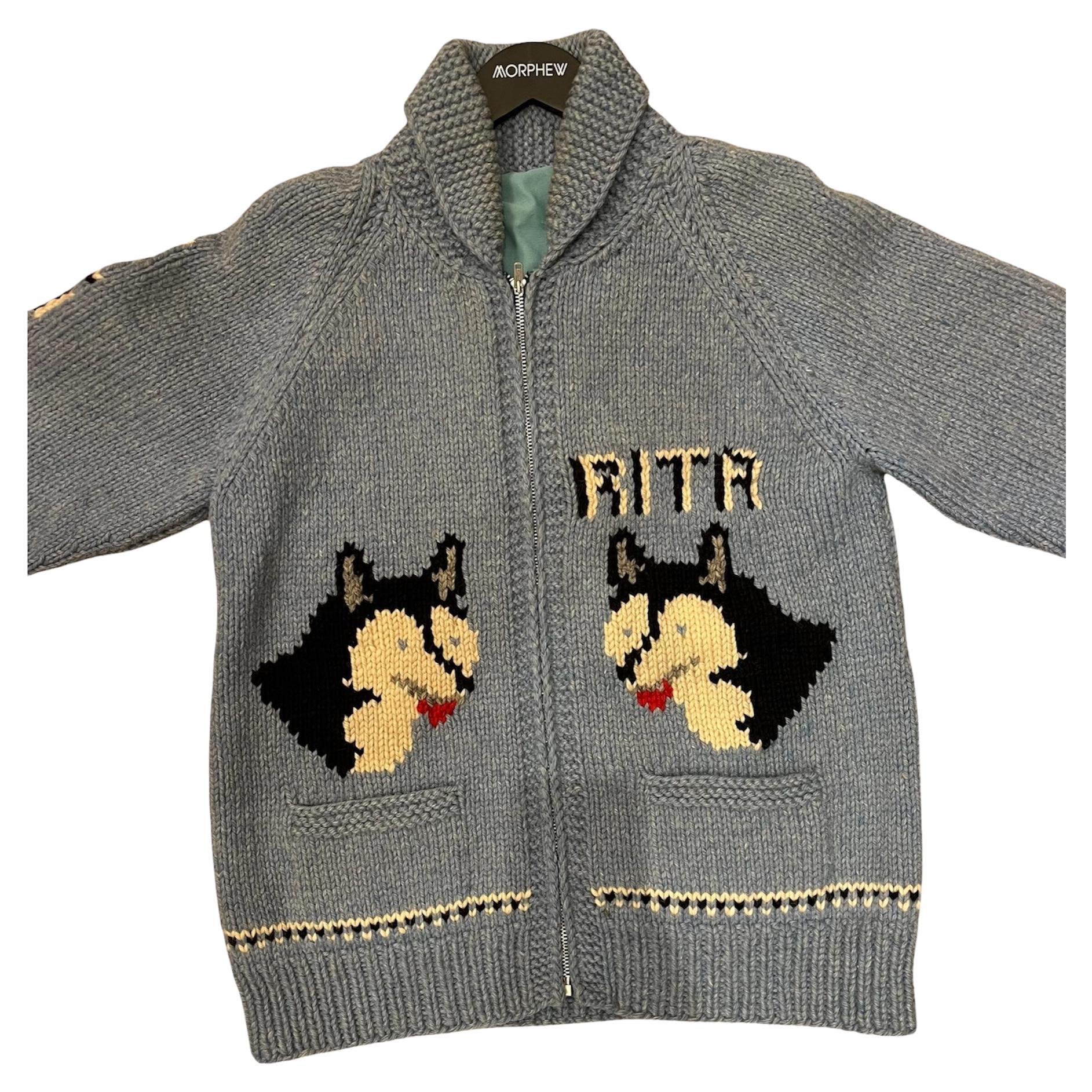 1950s Blue & Black Knit Wool Dog Sledding Sweater As-Is For Sale