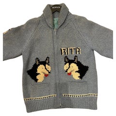 1950s Blue & Black Knit Wool Dog Sledding Sweater As-Is