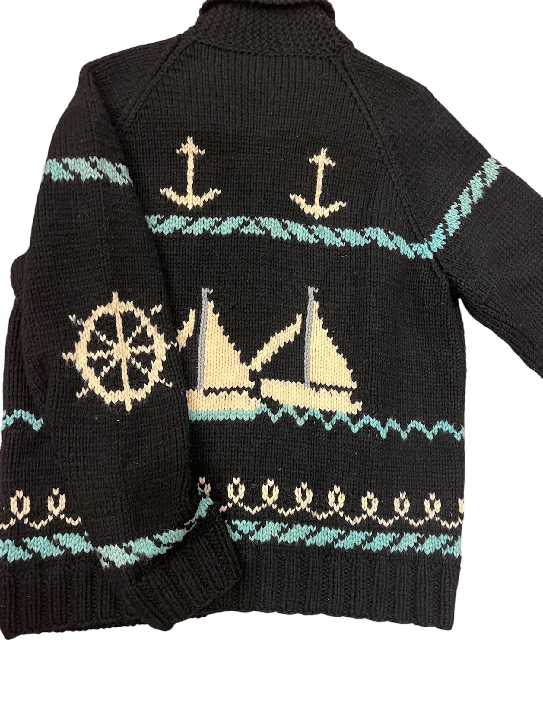 1950s Blue & Black Wool Blend Knit Nautical Anchor Sailboat Sweater In Excellent Condition For Sale In New York, NY
