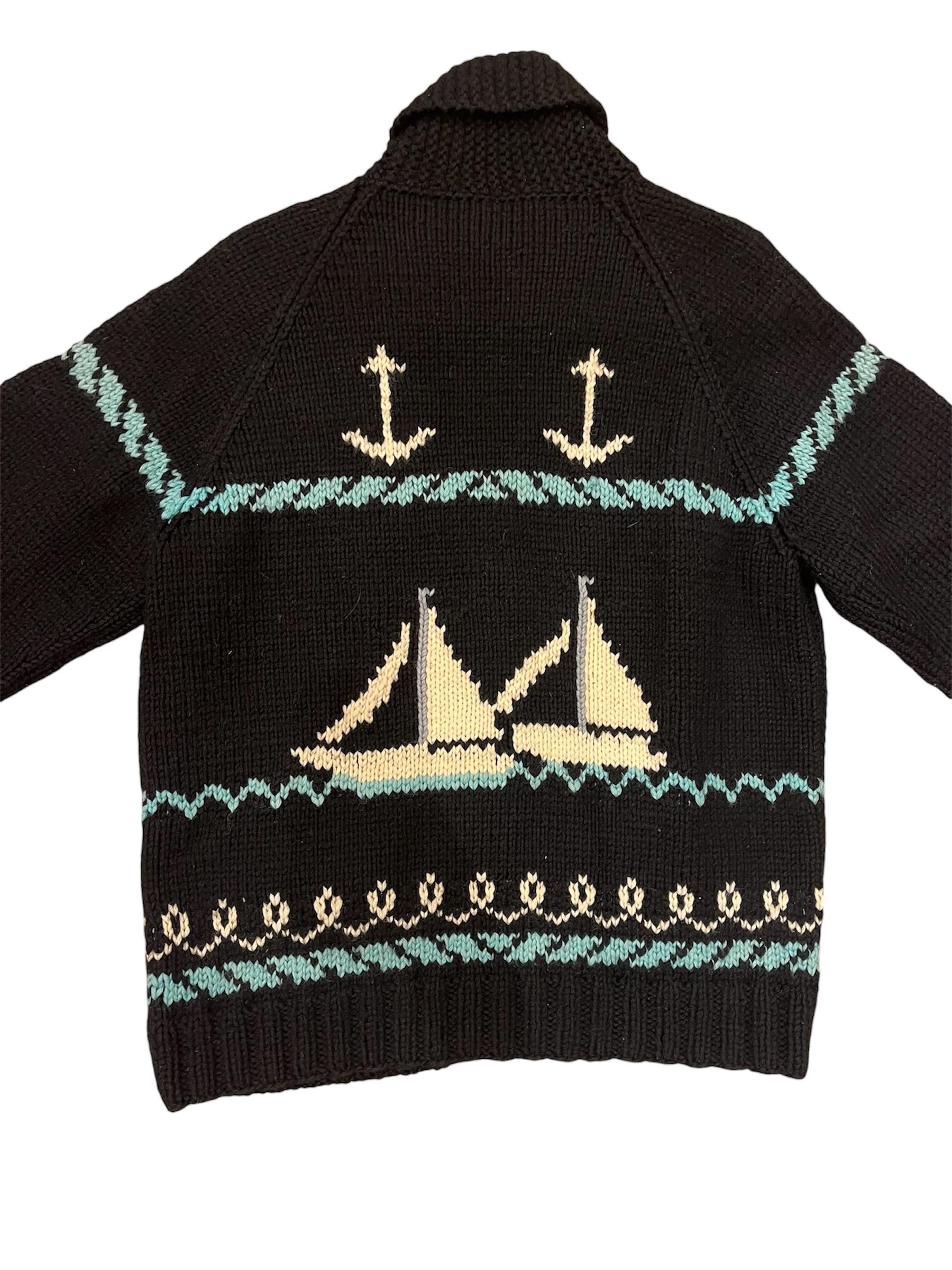 Women's or Men's 1950s Blue & Black Wool Blend Knit Nautical Anchor Sailboat Sweater For Sale
