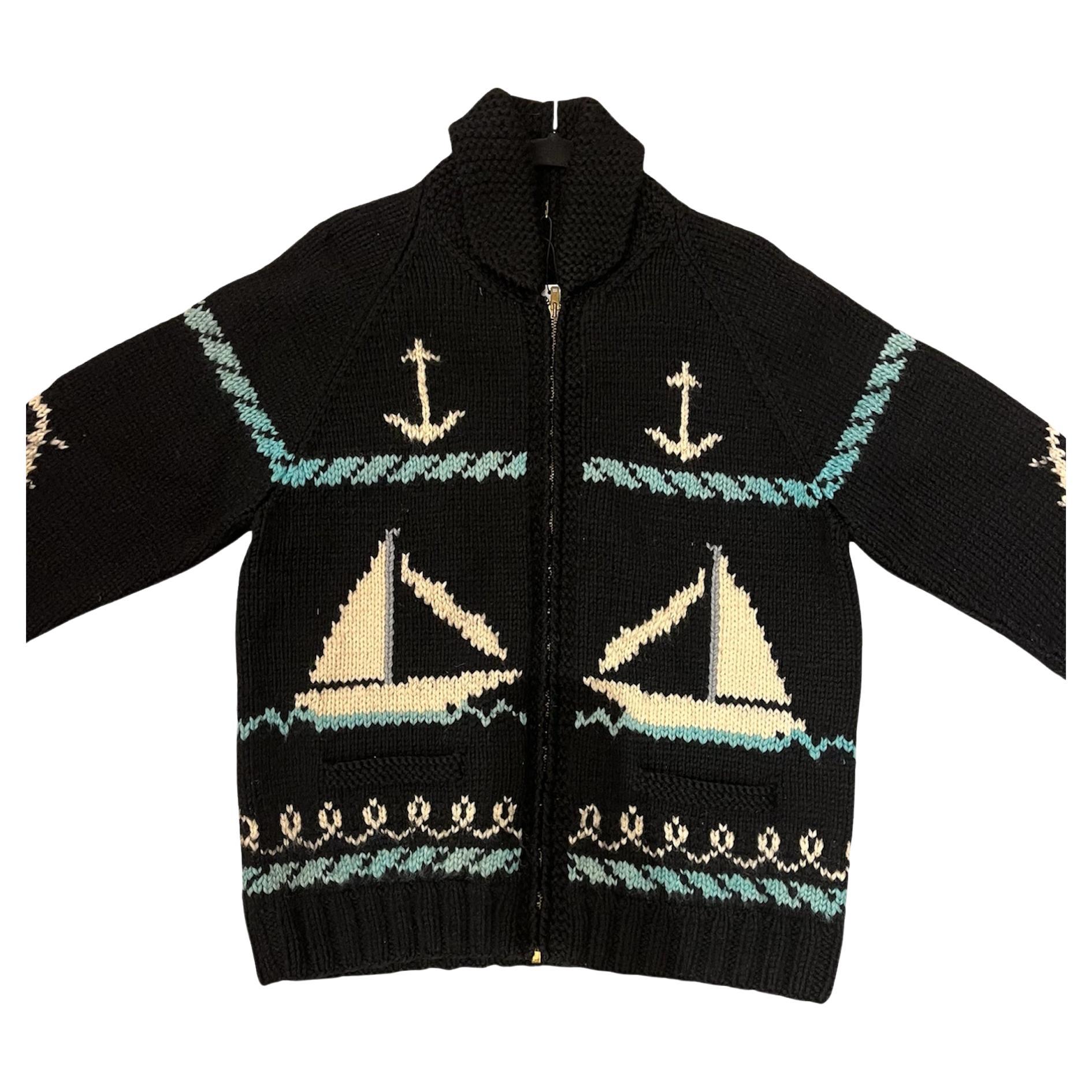 1950s Blue & Black Wool Blend Knit Nautical Anchor Sailboat Sweater For Sale
