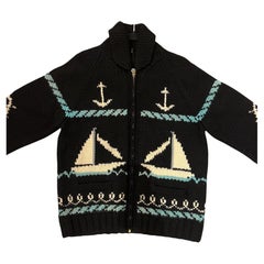 1950s Blue & Black Wool Blend Knit Nautical Anchor Sailboat Sweater