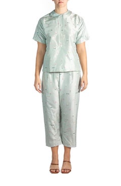 1950S Blue Chinese Silk Brocade Two Piece Pajamas