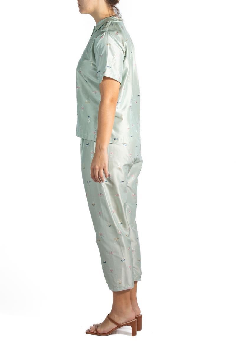 Gray 1950S Blue Chinese Silk Brocade Two Piece Pajamas For Sale