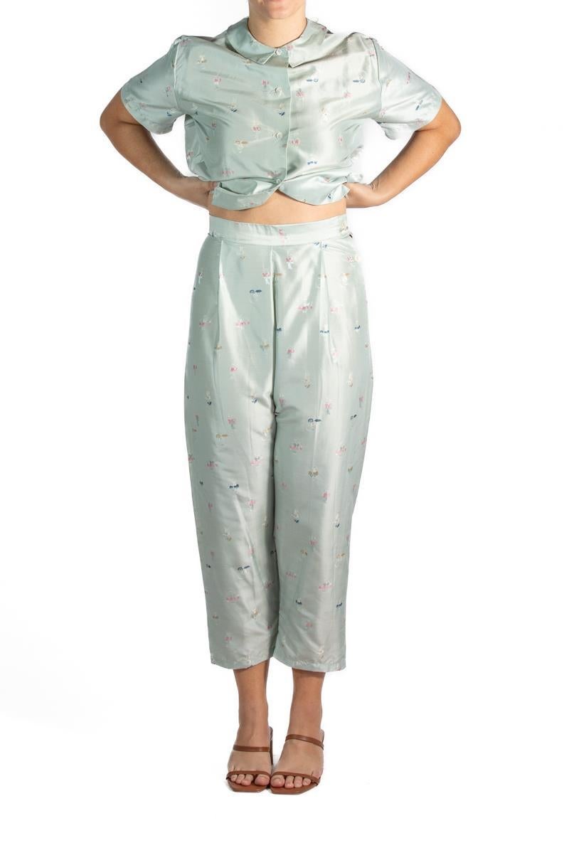 Women's 1950S Blue Chinese Silk Brocade Two Piece Pajamas For Sale
