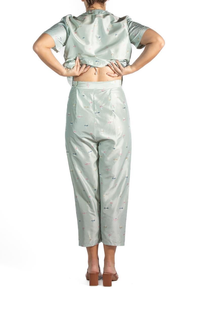 1950S Blue Chinese Silk Brocade Two Piece Pajamas For Sale 1