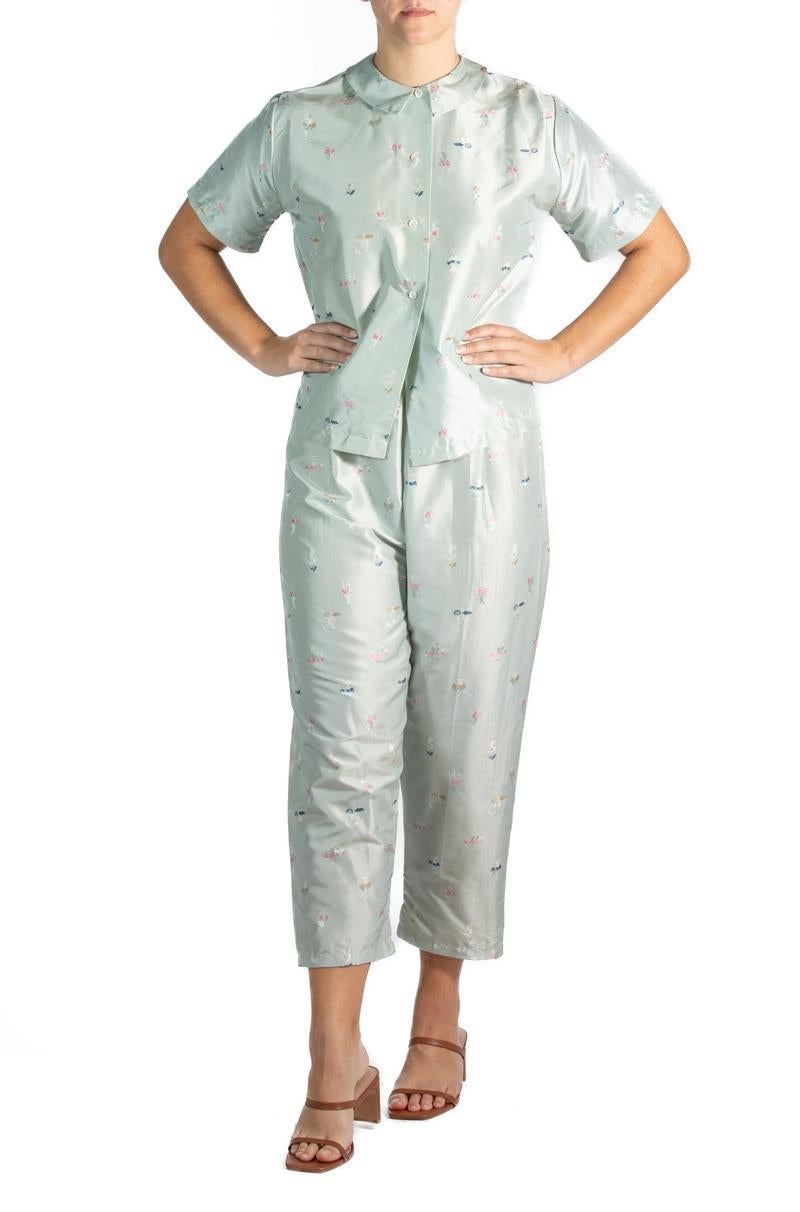 1950S Blue Chinese Silk Brocade Two Piece Pajamas For Sale 2