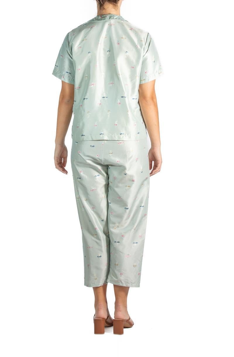 1950S Blue Chinese Silk Brocade Two Piece Pajamas For Sale 3