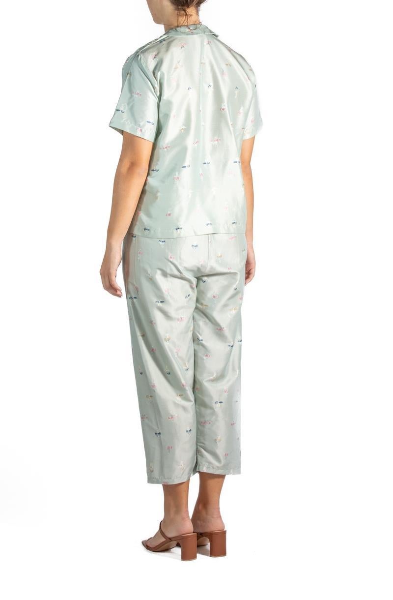 1950S Blue Chinese Silk Brocade Two Piece Pajamas For Sale 4