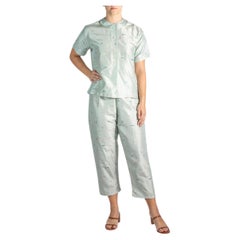 Vintage 1950S Blue Chinese Silk Brocade Two Piece Pajamas