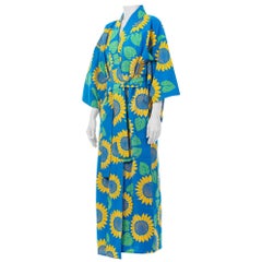 1950S Blue Cotton Kimono Printed With Sunflowers
