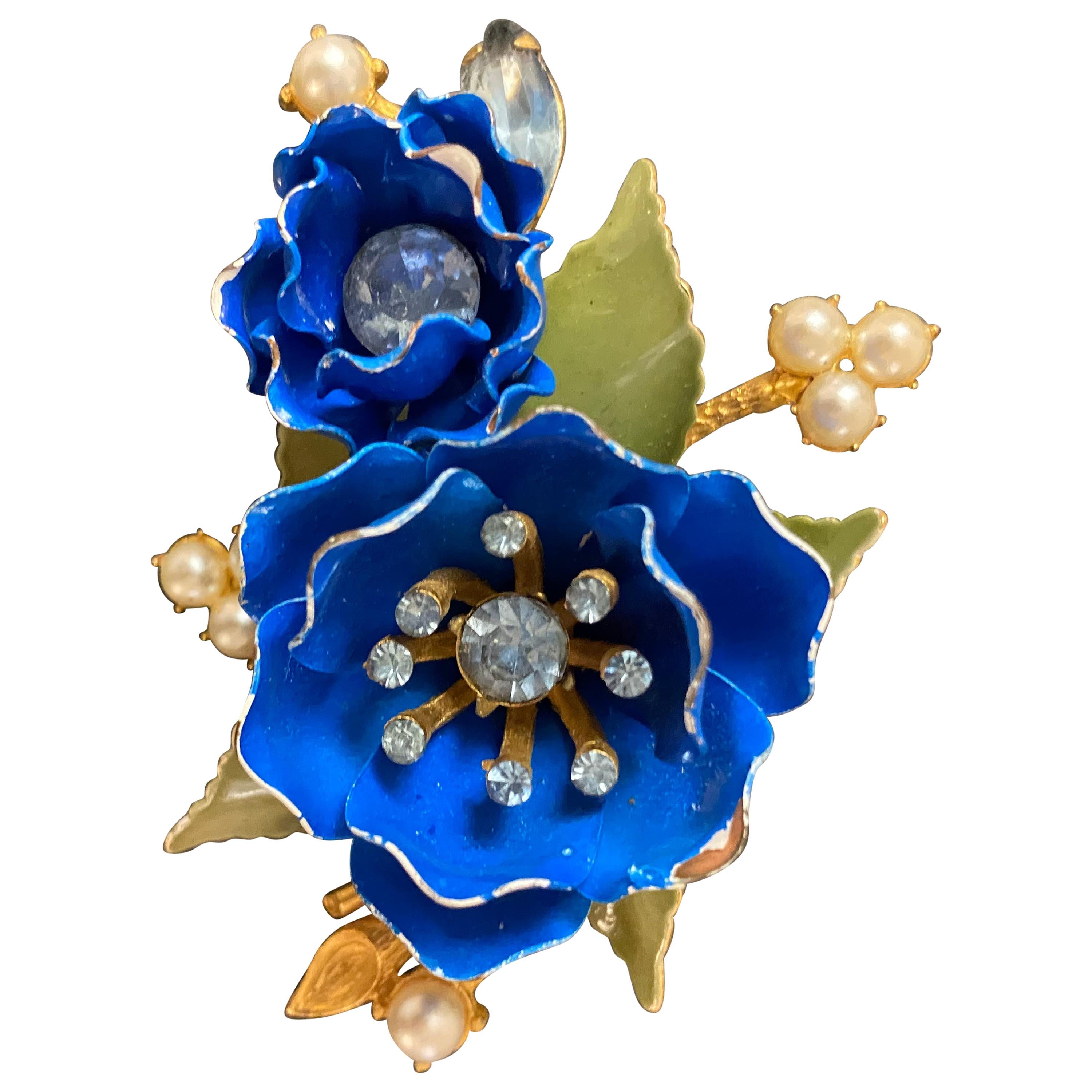 1950s Blue Enamel Flower Brooch Pin