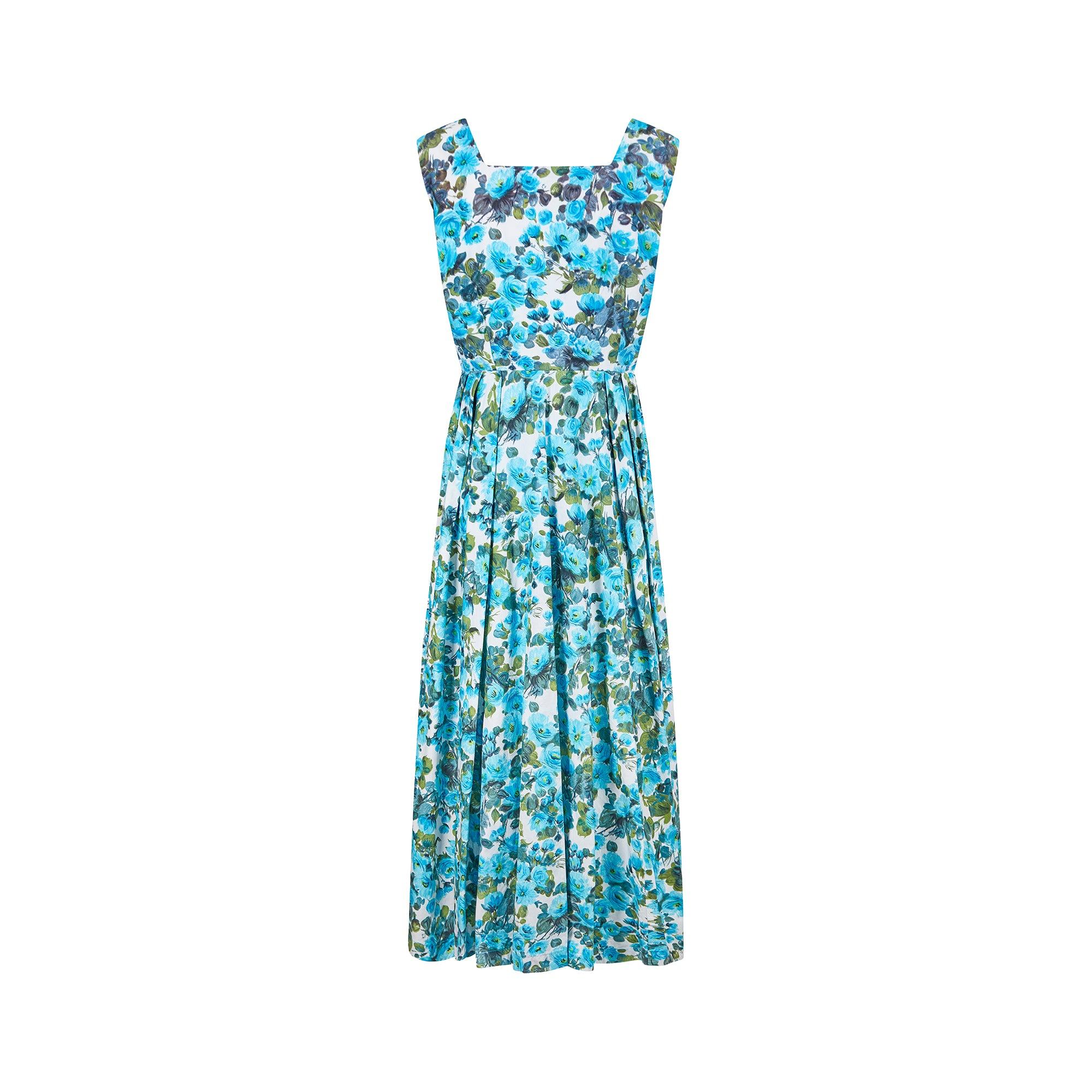 1950s Blue Floral Cotton Rose Print Maxi Dress In Excellent Condition For Sale In London, GB