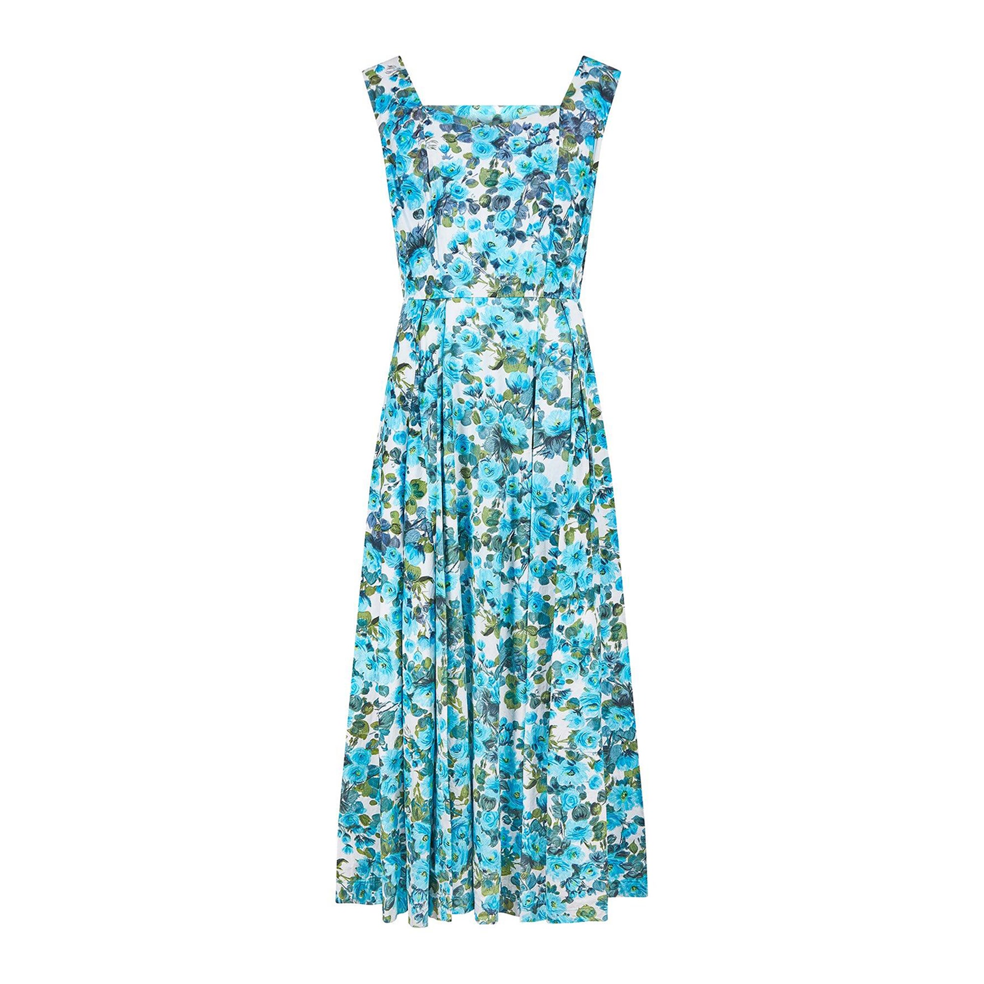 1950er Blau geblümtes Maxikleid aus Baumwolle mit Rosendruck