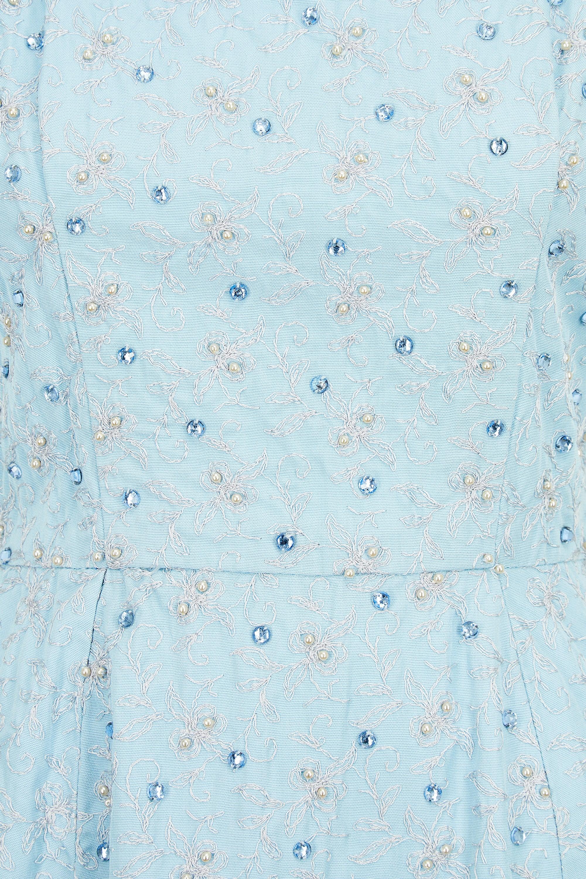 Women's 1950s Blue Floral Embroidered and Crystal Full Skirt Dress For Sale
