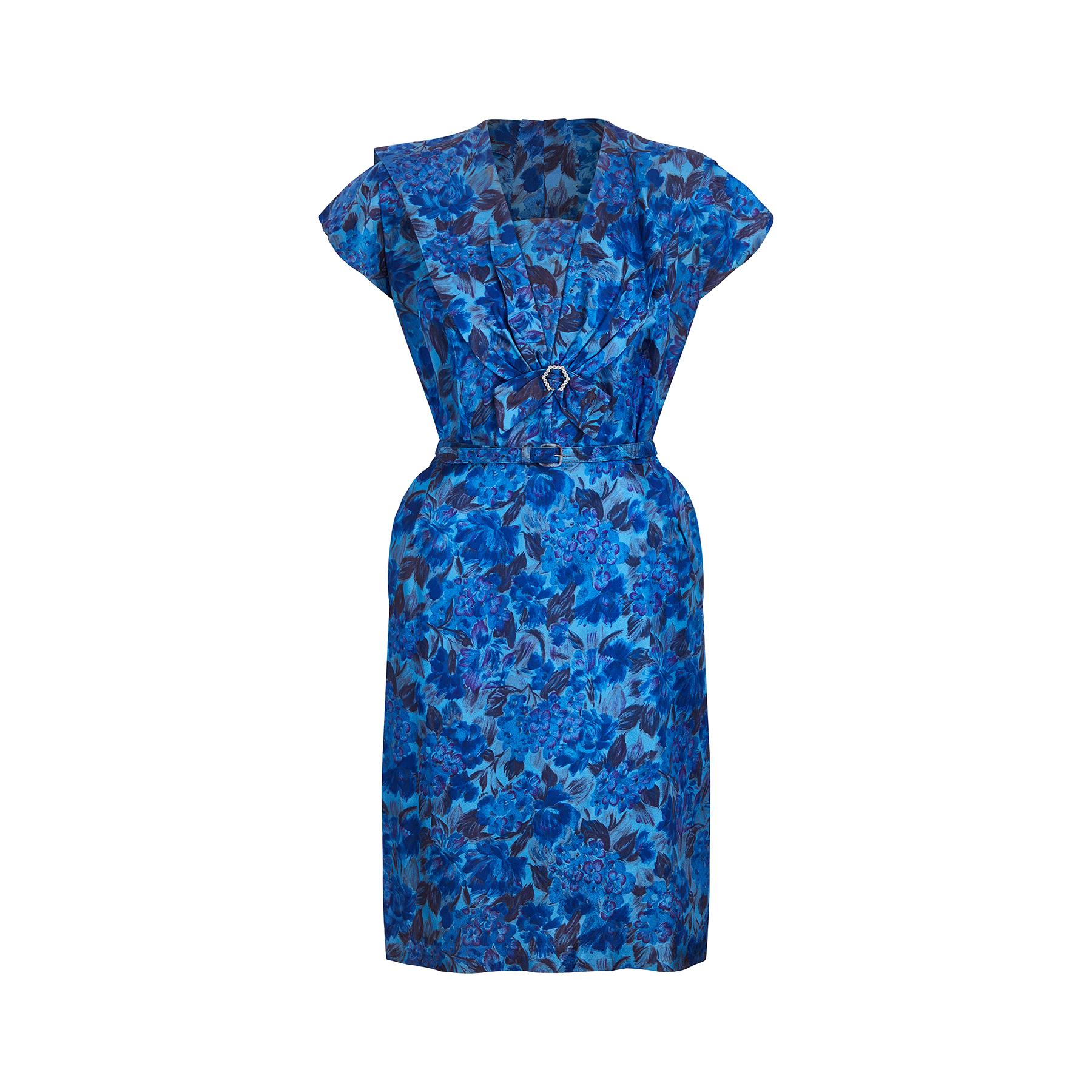 1950s Blue Floral Wiggle Dress For Sale 1