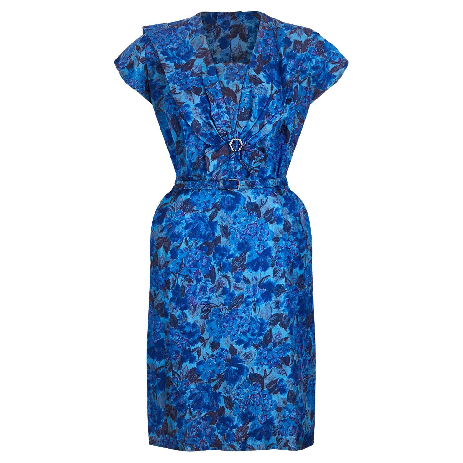 1950s Blue Floral Wiggle Dress For Sale
