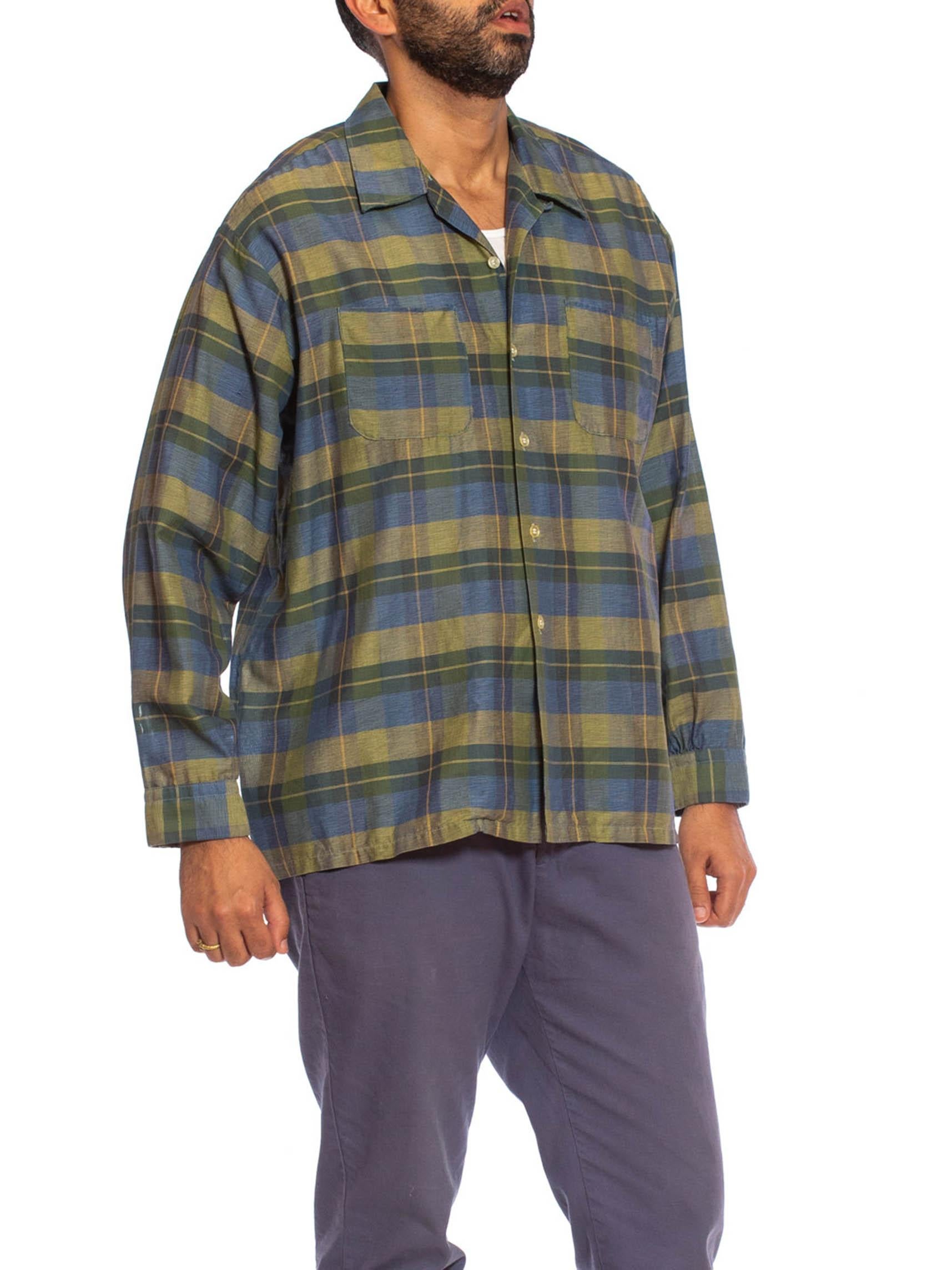 1950S Blue and Green Cotton Rare XL Men''s Long Sleeve Plaid Shirt