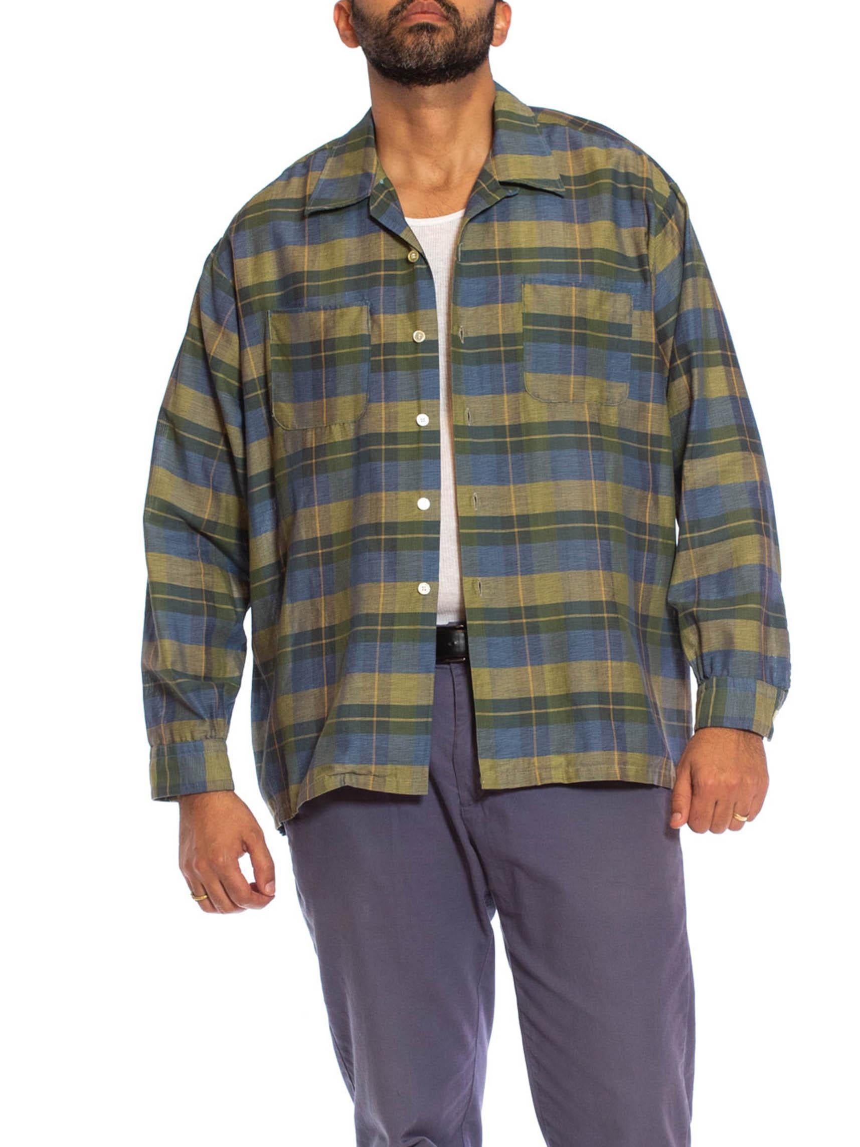 Gray 1950S Blue & Green Cotton Rare XL Men's Long Sleeve Plaid Shirt For Sale