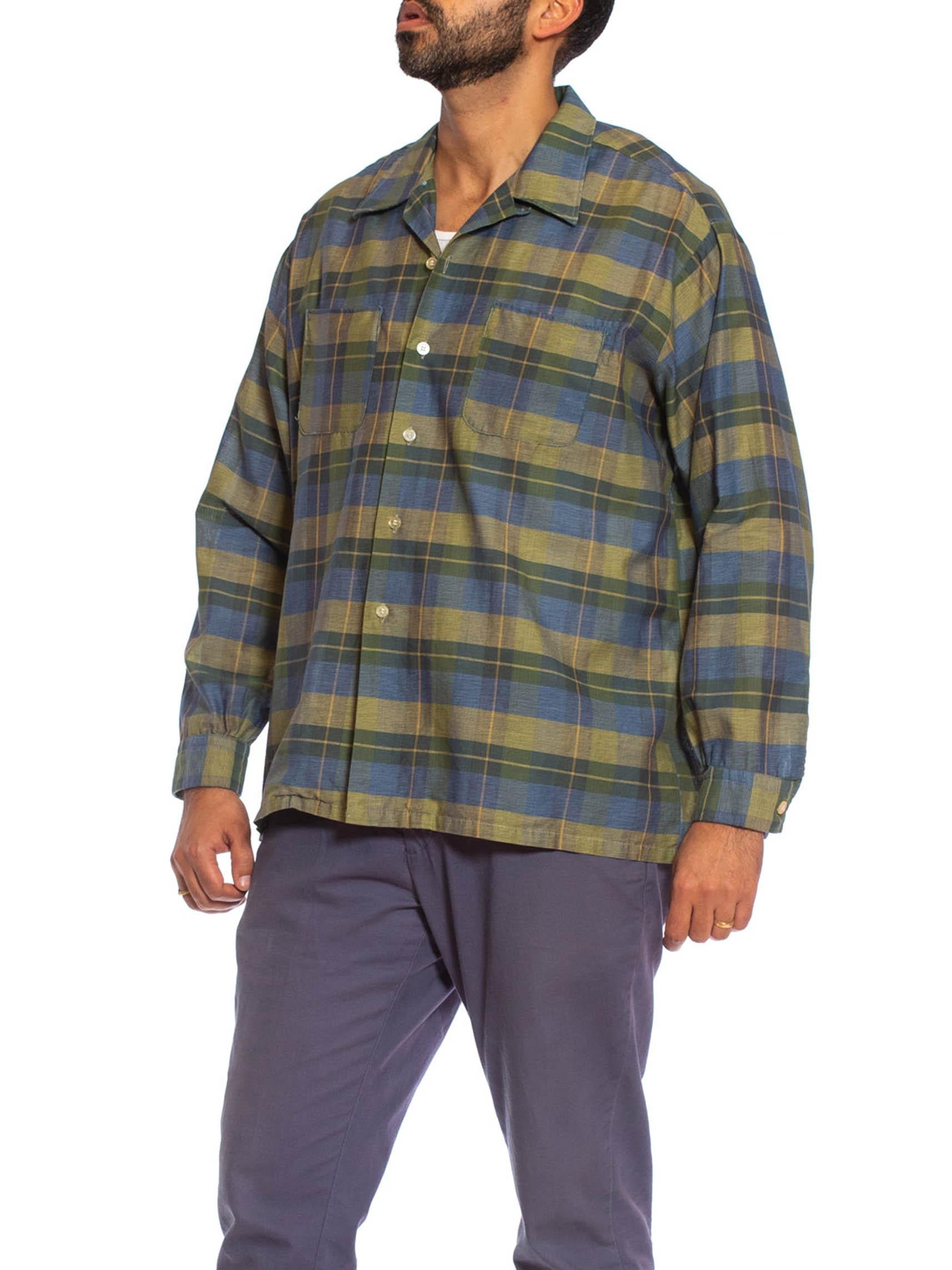 1950S Blue & Green Cotton Rare XL Men's Long Sleeve Plaid Shirt For Sale 1