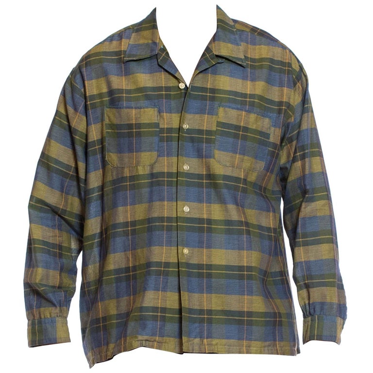 1950S Blue and Green Cotton Rare XL Men's Long Sleeve Plaid Shirt For ...
