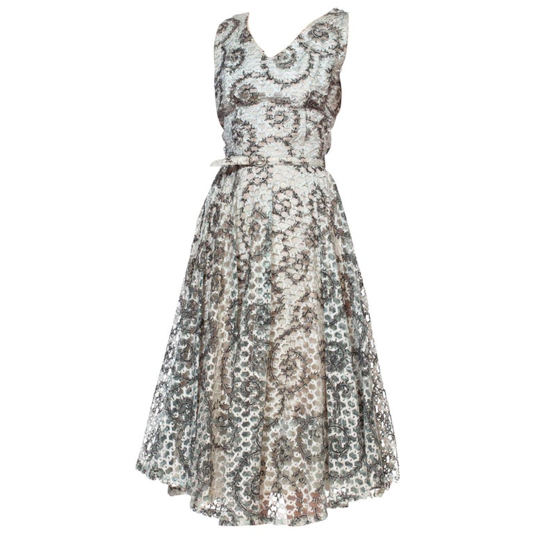 1950'S Dusty Blue Rayon Taffeta Cocktail Dress Overlaid With Printed